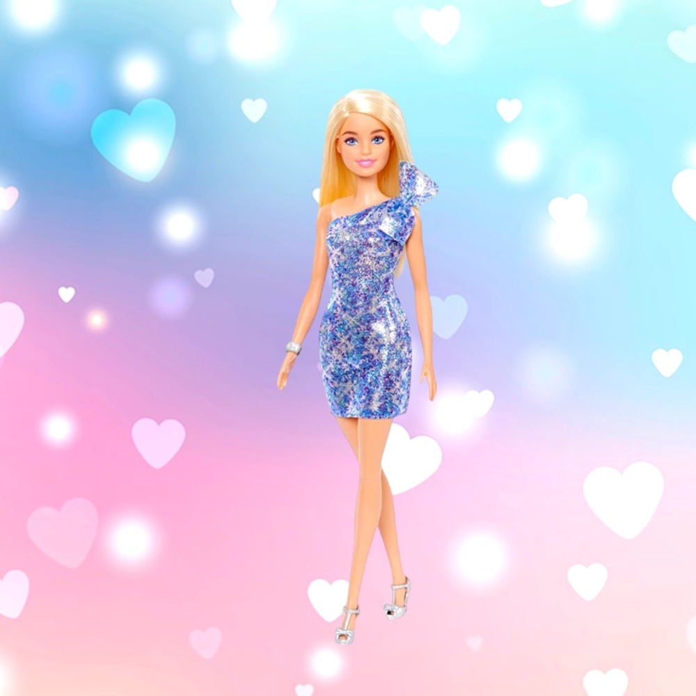 Barbie Blonde Hair Blue Eyes with Short Blue Sequins Mini Dress Silver Shoes